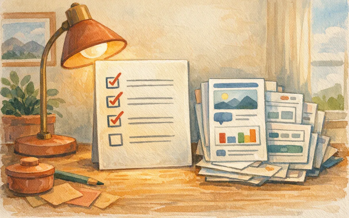 A desk lamp lighting a scorecard beside sketched app screens
