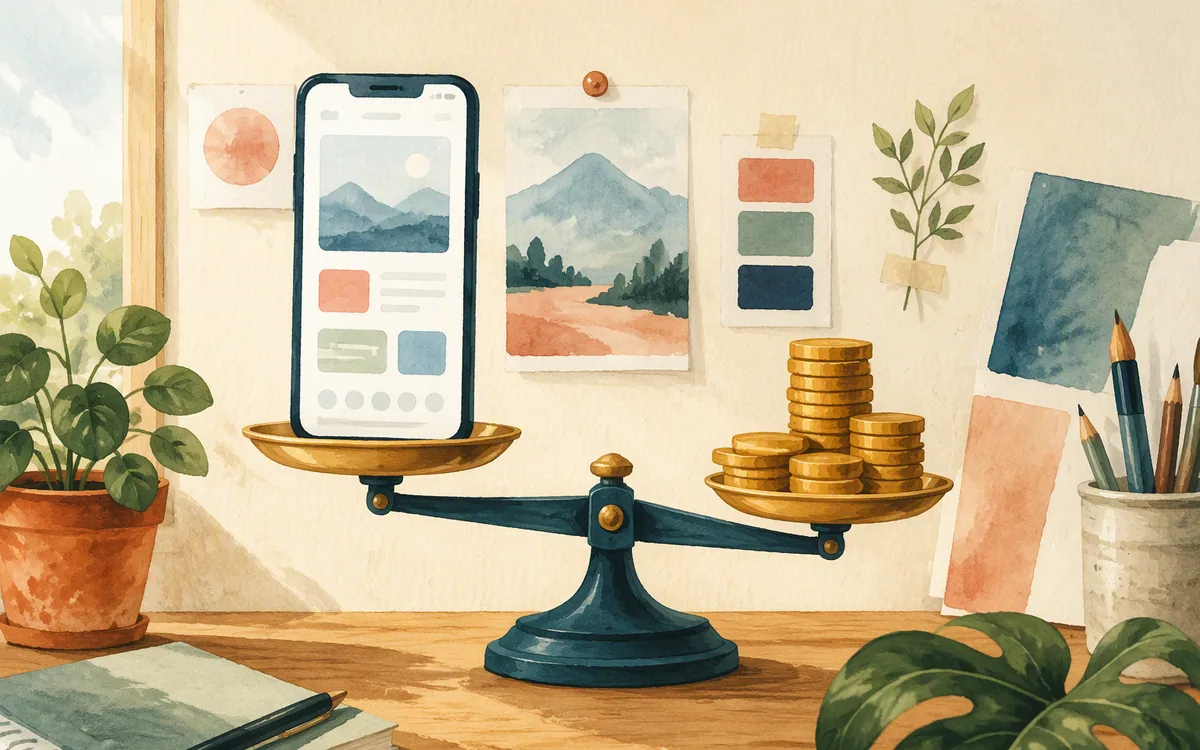 A balance scale weighing a mobile screen mockup against coins