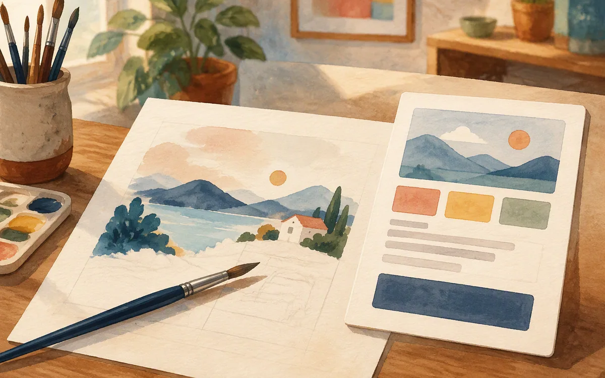 A paintbrush beside an unfinished illustration and a completed wireframe card