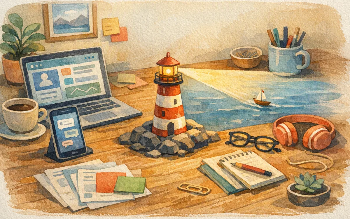 A small lighthouse on a desk sending a beam toward a distant tiny paper boat