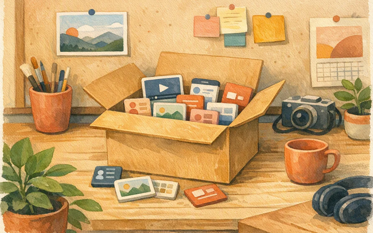 A half-packed moving box containing small screen-shaped tiles