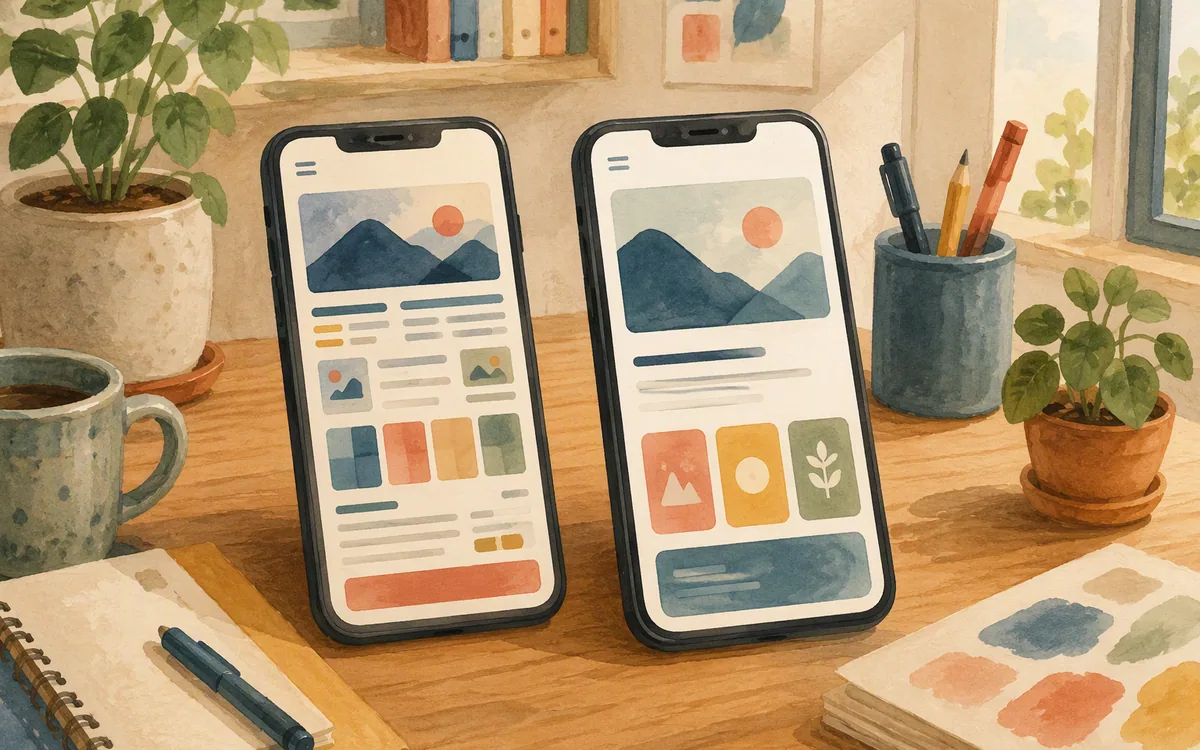Two phones on a desk with different layout styles