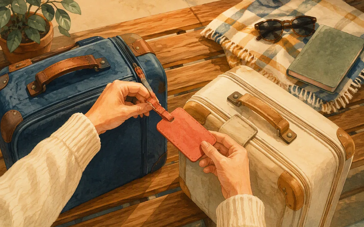 A luggage tag being moved from an old suitcase to a new one