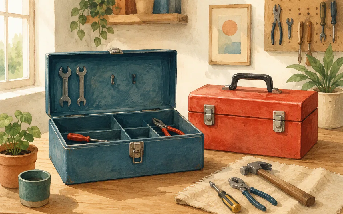 Open toolbox missing tools beside a fully stocked closed toolbox