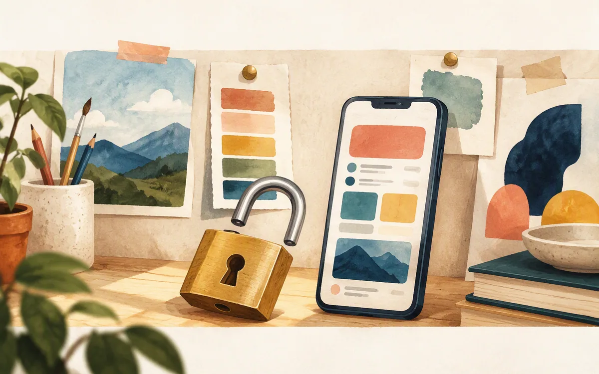 Open padlock beside a phone-shaped mockup