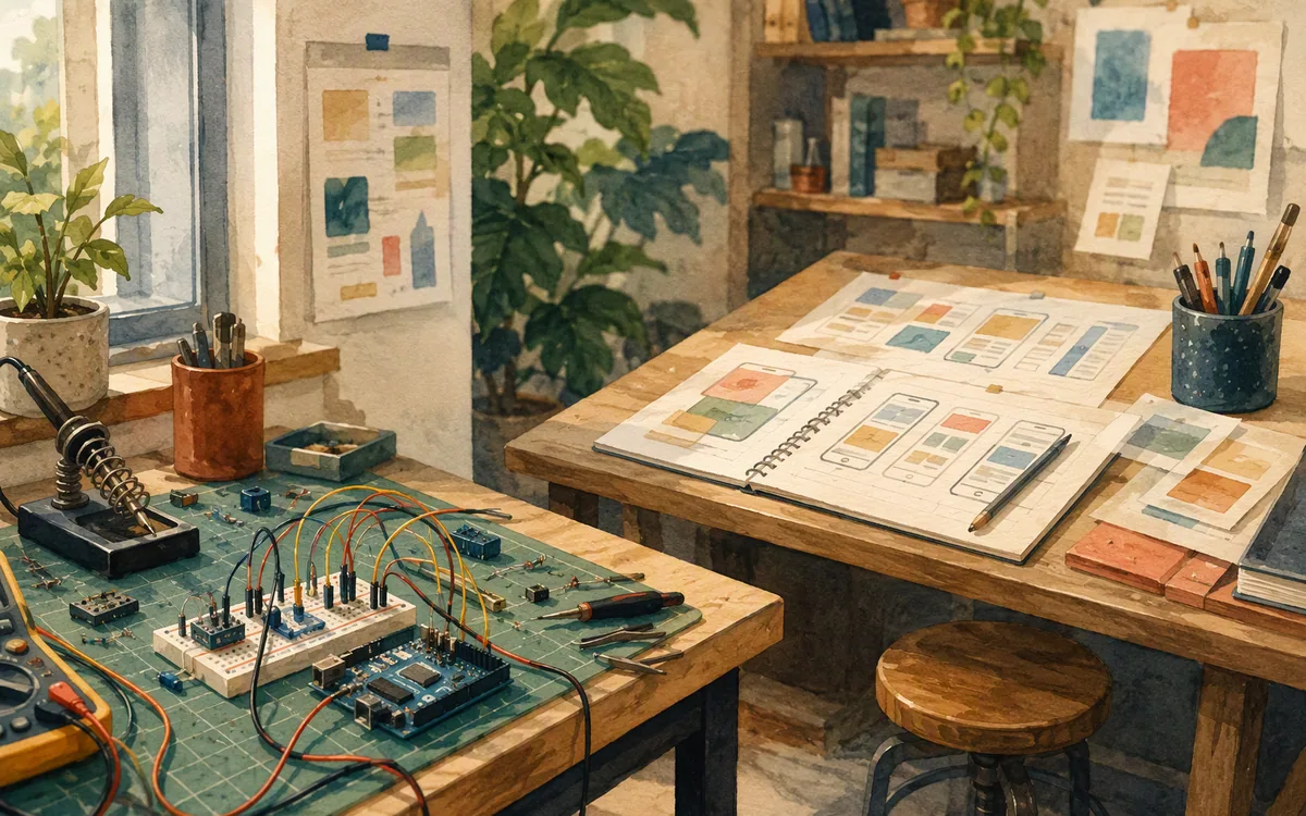 Workbench with circuits beside a workbench with paper screen sketches