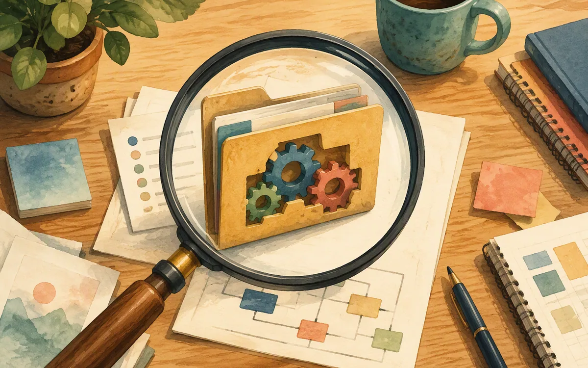 Magnifying glass revealing gears inside an open folder of exported code