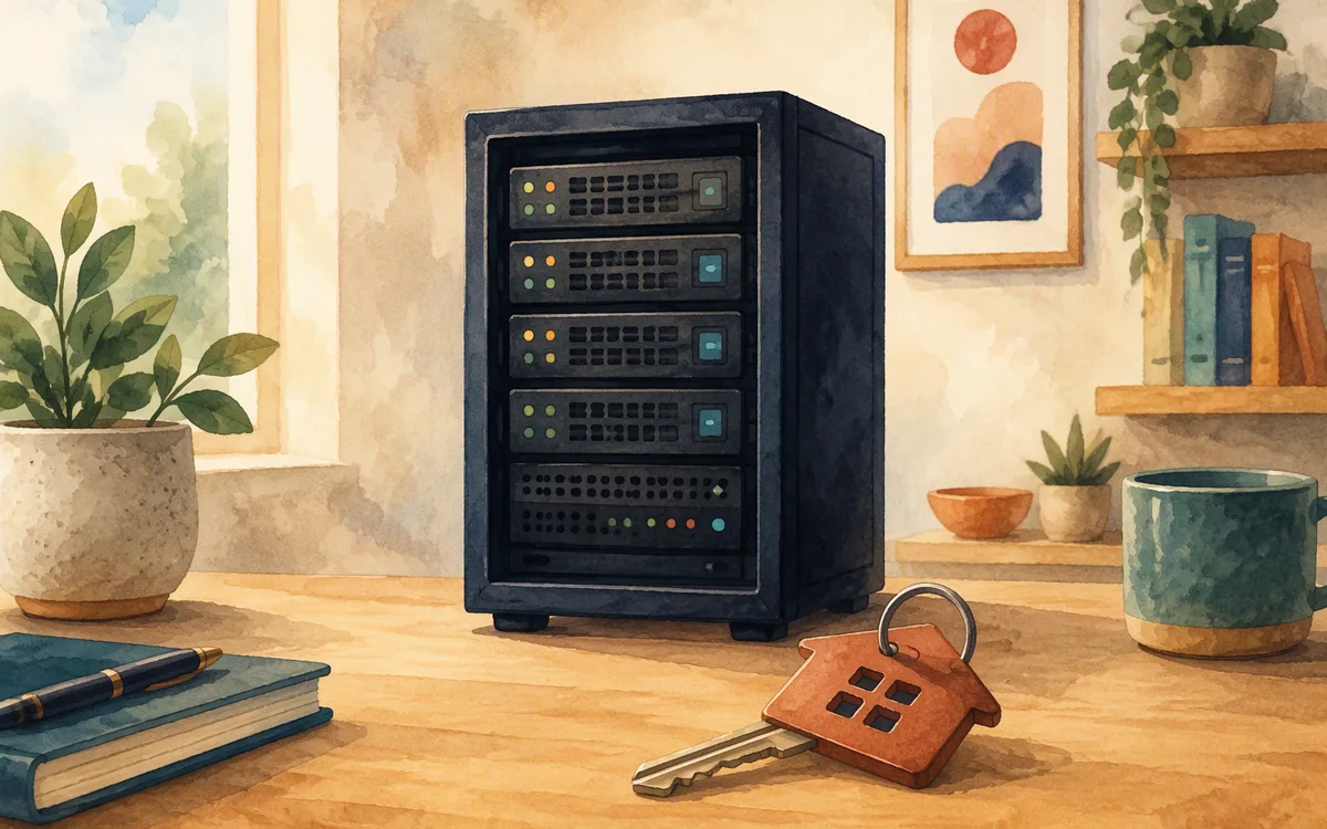 A miniature server rack beside a house key