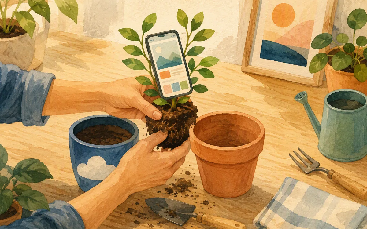 A phone-screen sapling being moved from a cloud-shaped pot to a plain pot