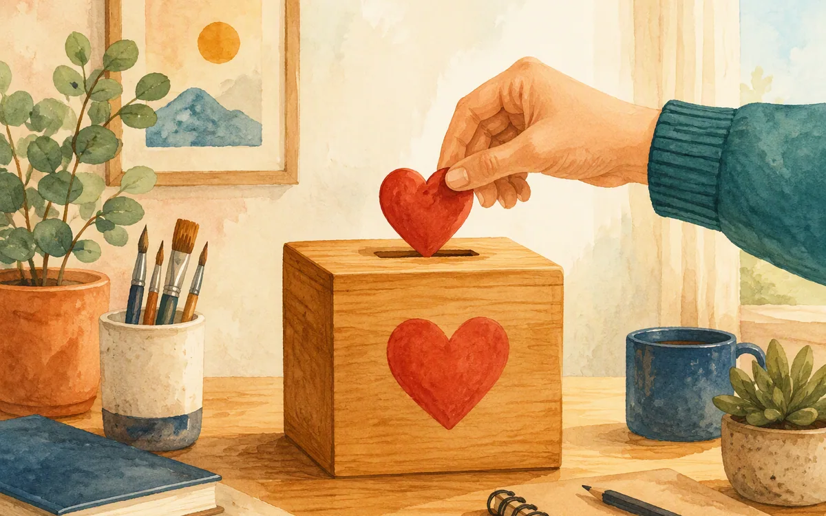 Heart-shaped token being inserted into a coin slot on a wooden box