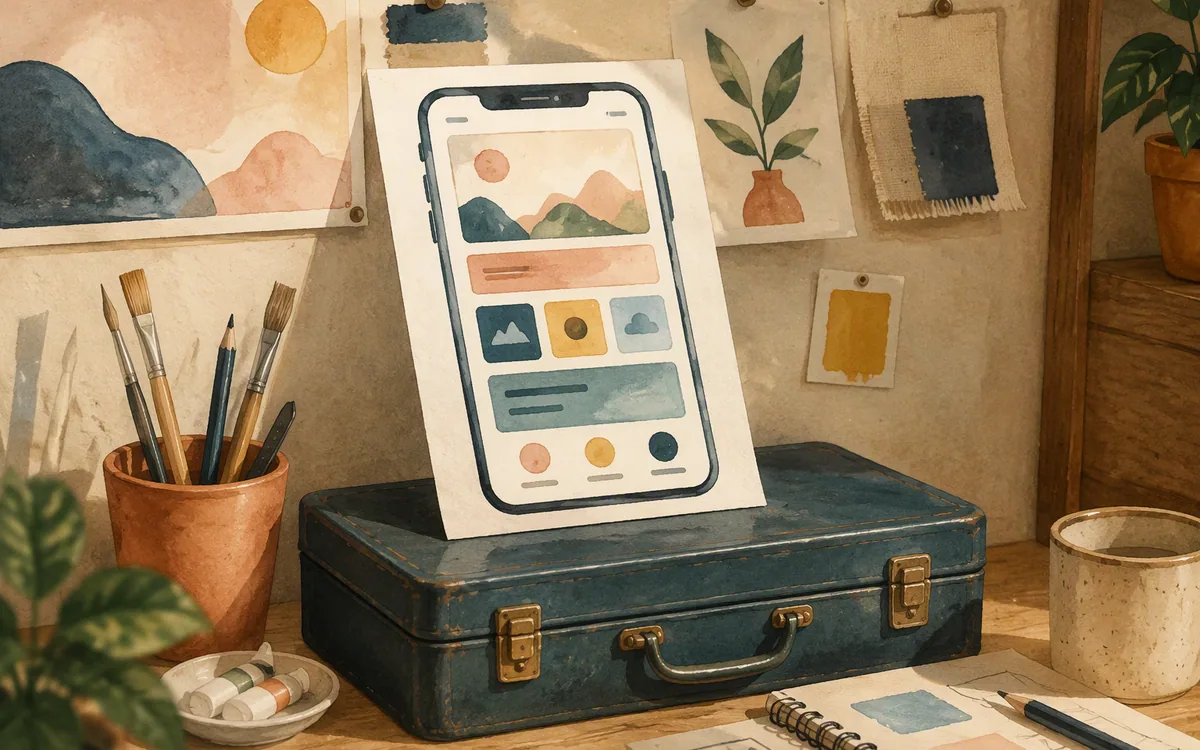 Phone screen blueprint sketch resting on a closed toolbox