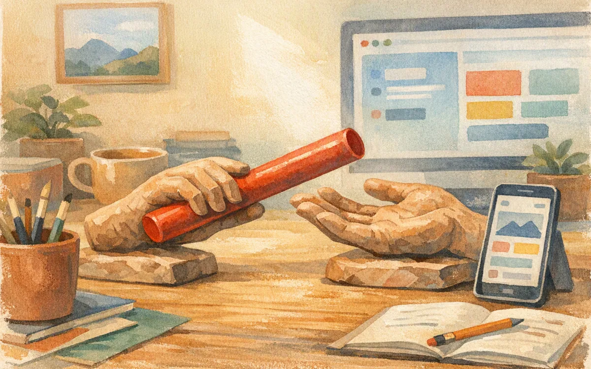 Clay hands passing a small baton on a desk