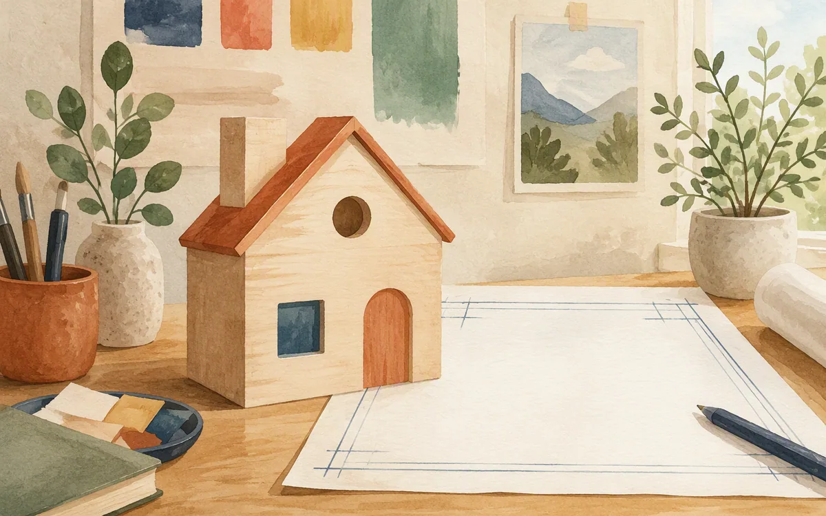 House-shaped block beside a mostly blank blueprint sheet