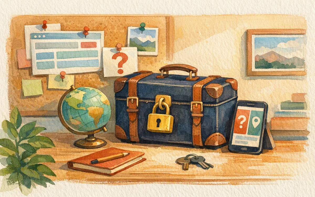 Padlocked suitcase and small globe on a desk