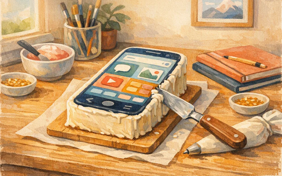 Hardened phone-shaped cake with a spatula beside it