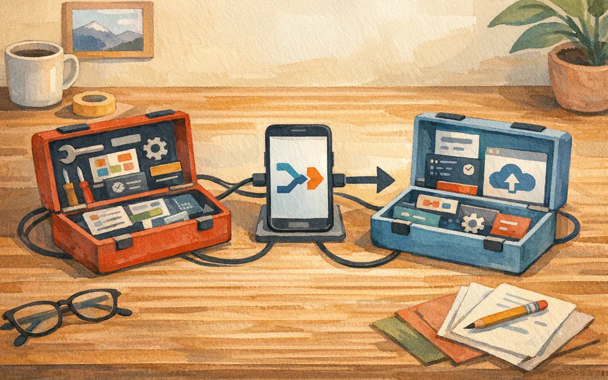 Two toolboxes on a bench each linked by cable to a single phone-shaped mount