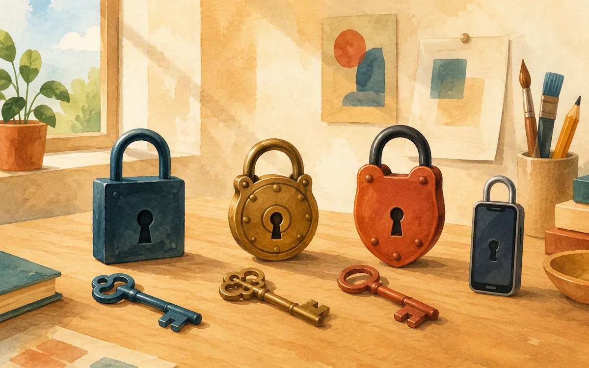 Three keys next to a phone-shaped lock they don't quite fit