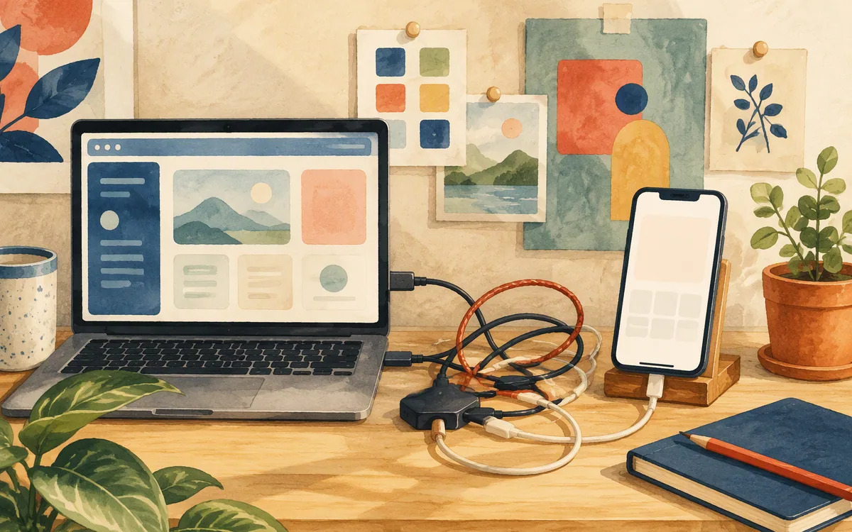 Wires running from a laptop to a blank phone mockup