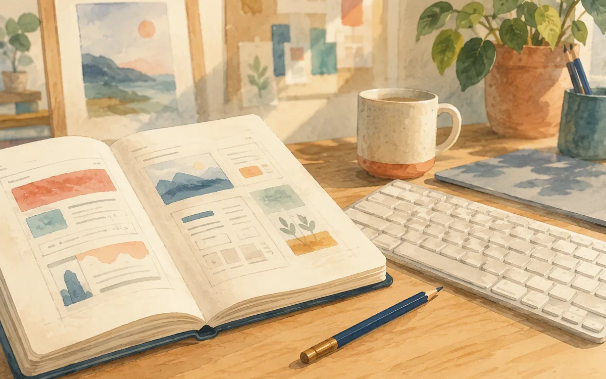 Sketchbook and keyboard side by side with a pencil