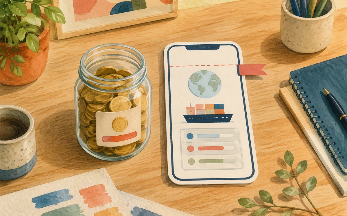 A coin jar with a ribbon marking a limit, beside a phone-shaped paper cutout on a desk