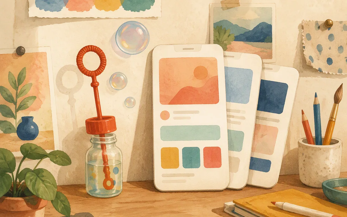 A bubble wand beside a stack of phone mockup cards