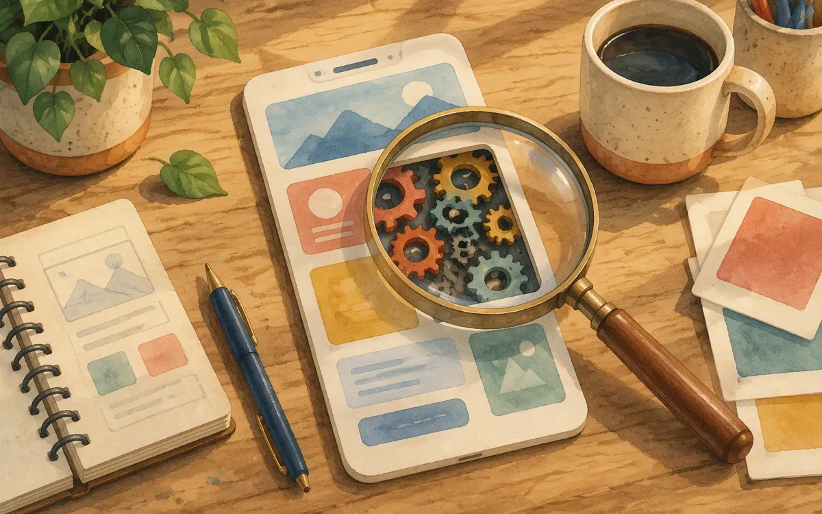 Magnifying glass over a phone mockup revealing mismatched gears beneath