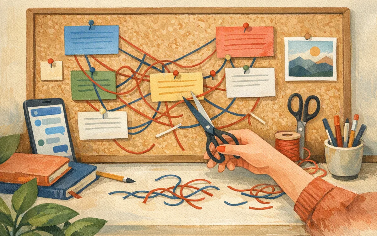 A pinboard of cards with some connecting strings cut