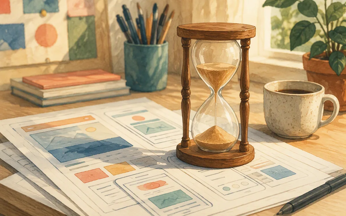 An hourglass on a stack of printed screen wireframes