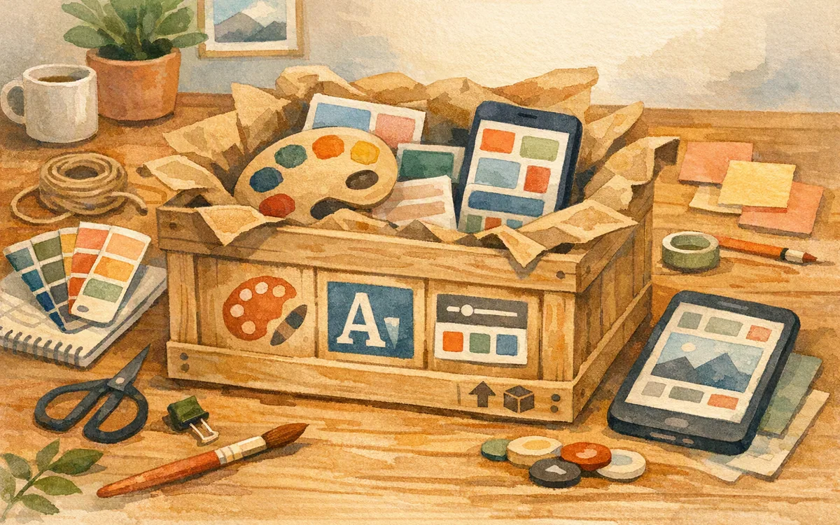 A crate half-unpacked, revealing some design assets and hiding others
