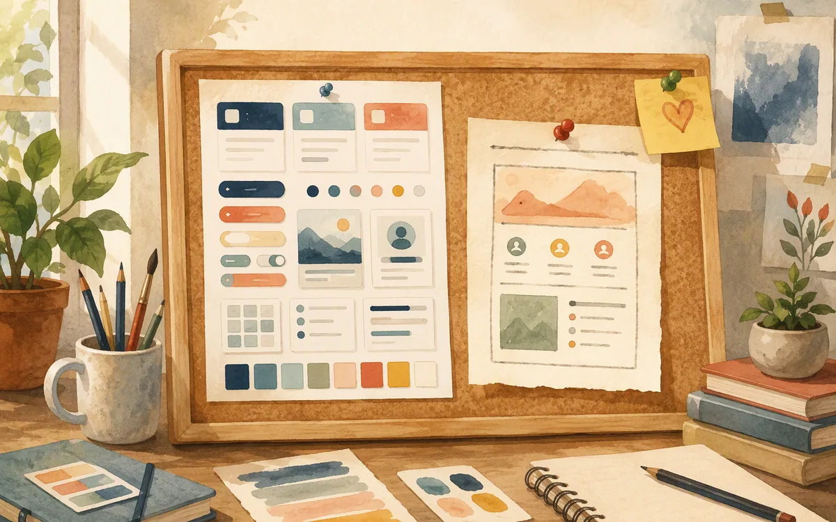 Pinboard comparing pre-made UI swatches to a custom request note
