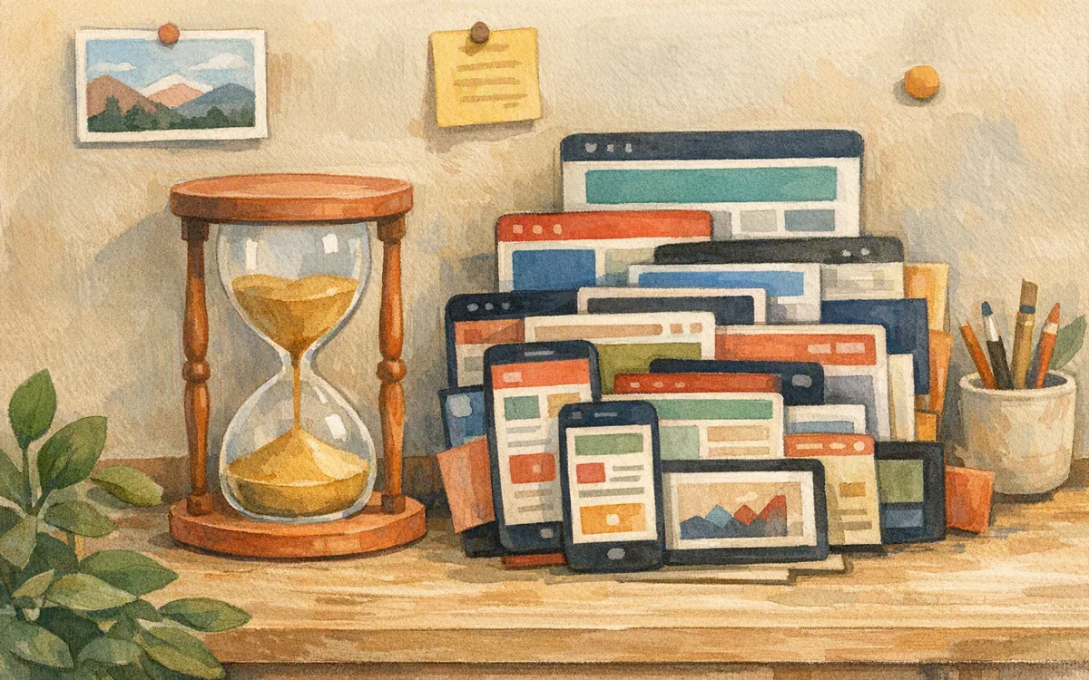 Hourglass beside mismatched mobile screen mockups awaiting a custom match