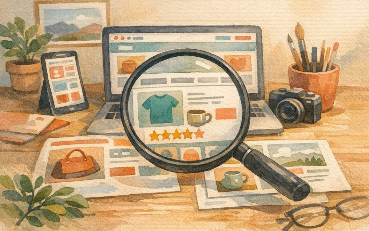 Magnifying glass reviewing a marketplace seller's portfolio