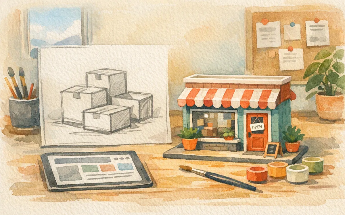Gray sketch boxes beside a colorful rendered model