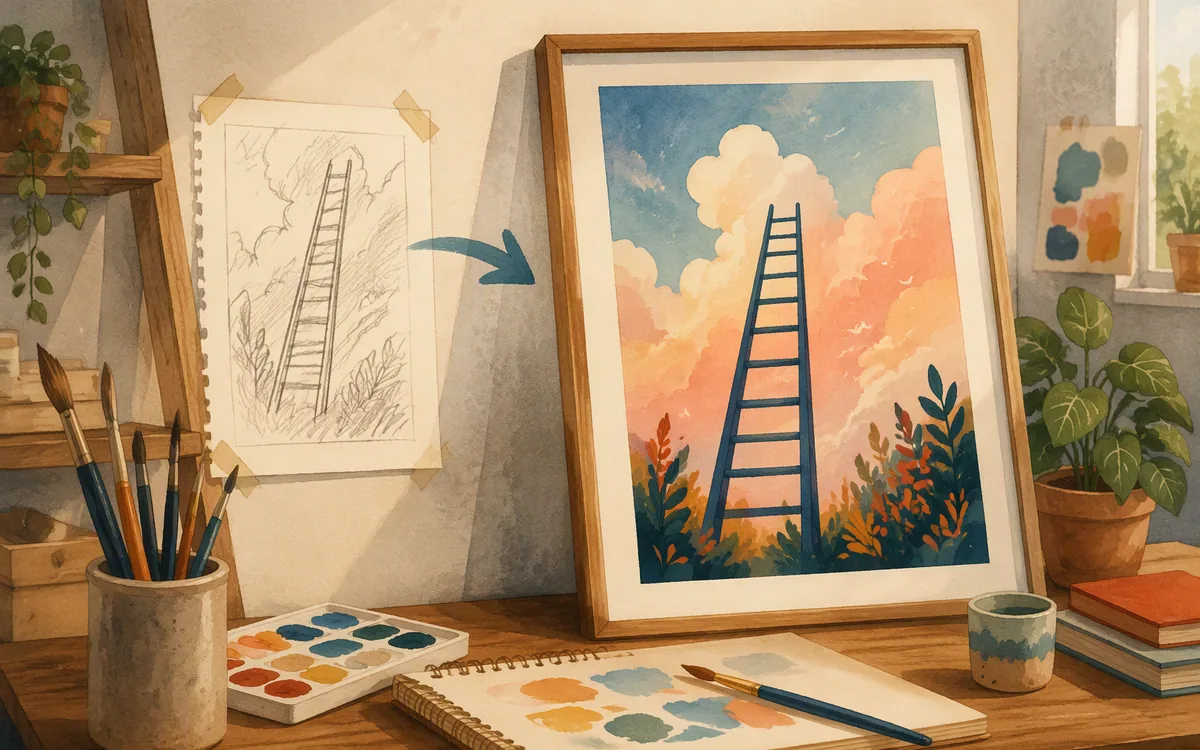 Ladder between a rough sketch and a framed picture