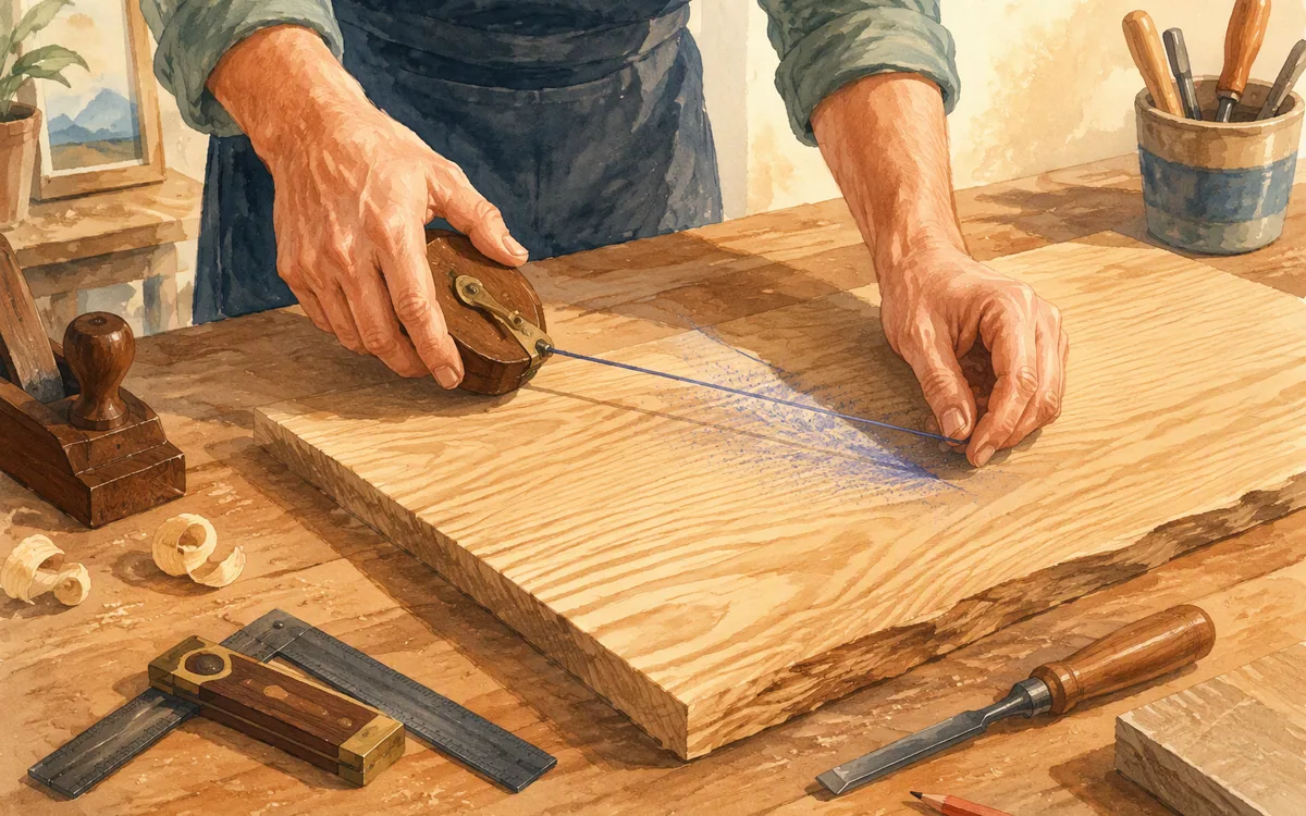 A chalk line snapped across a rough plank as a guide for the finished cut