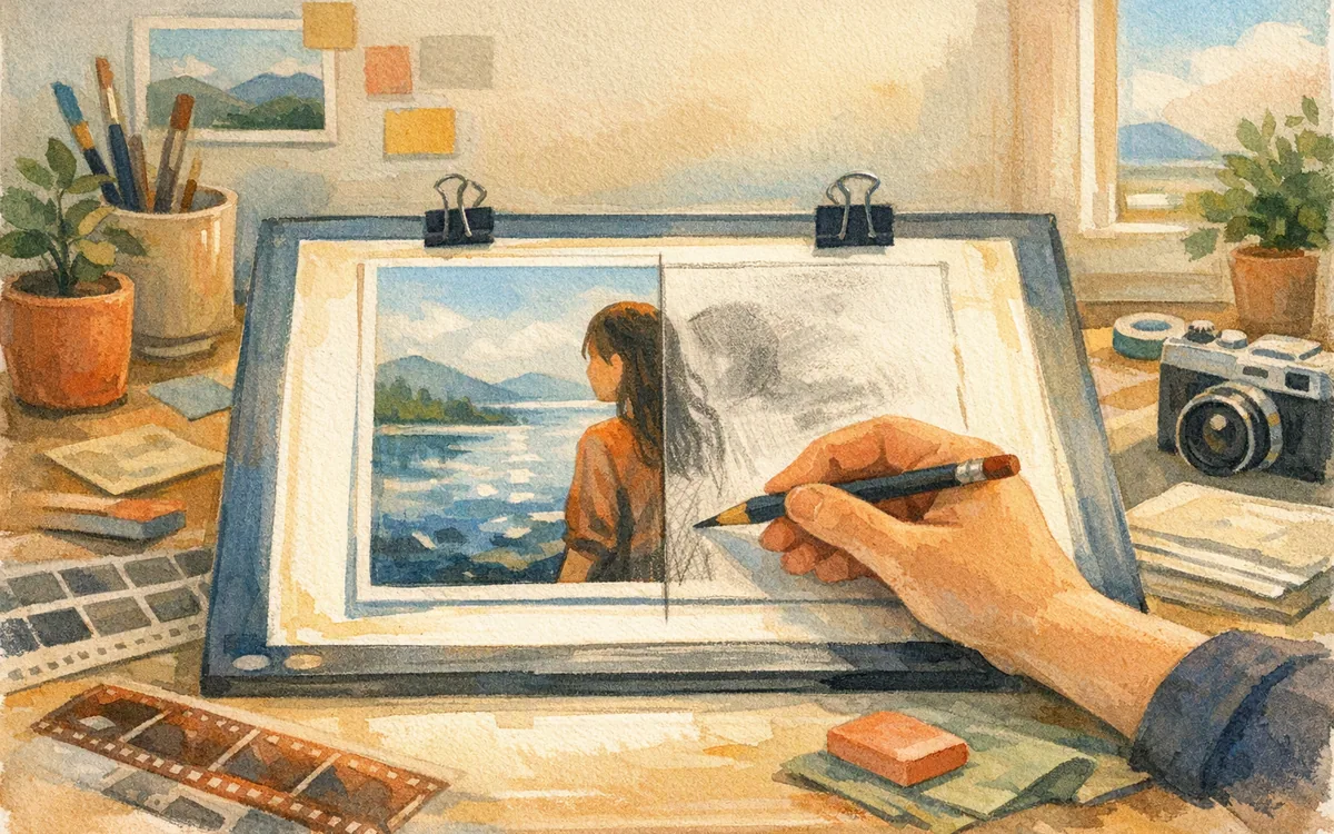 Photograph on a light table being traced