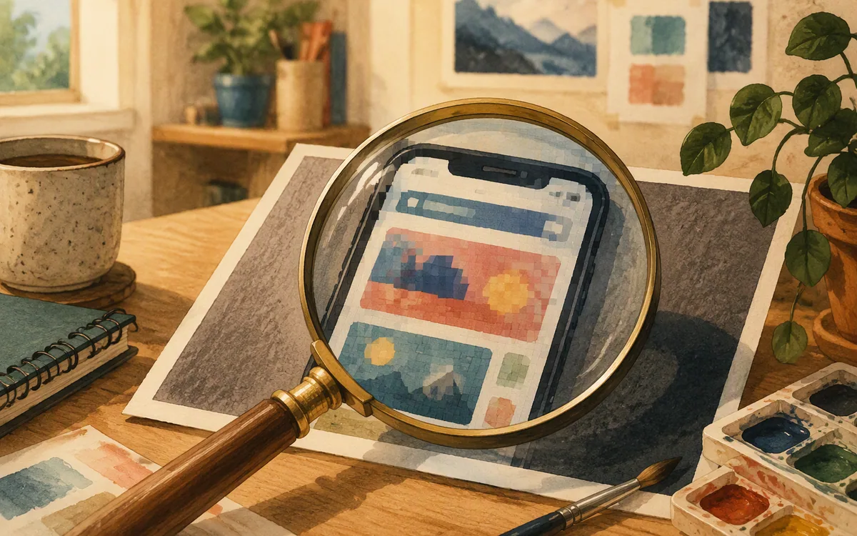 Magnifying glass revealing pixelation in a printed photo