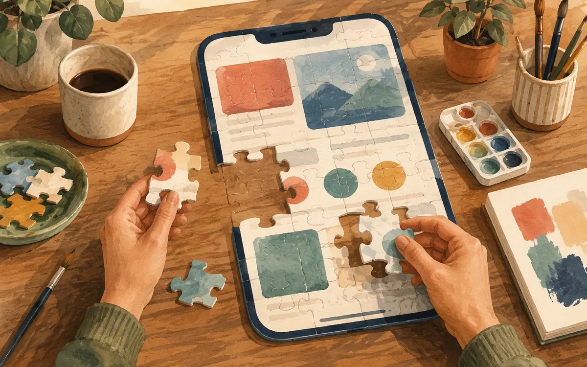 A partly assembled jigsaw puzzle of a phone screen with hand-cut filler pieces