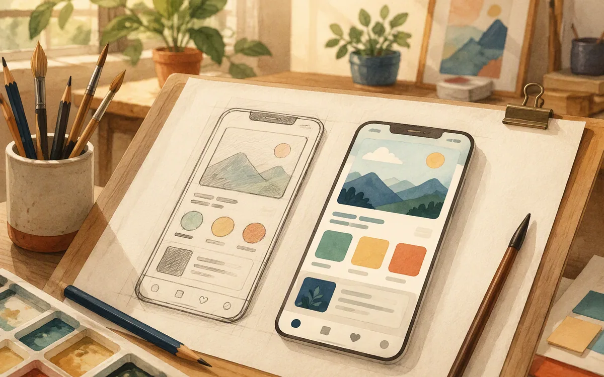 Hand-drawn phone screen next to an AI-generated phone screen