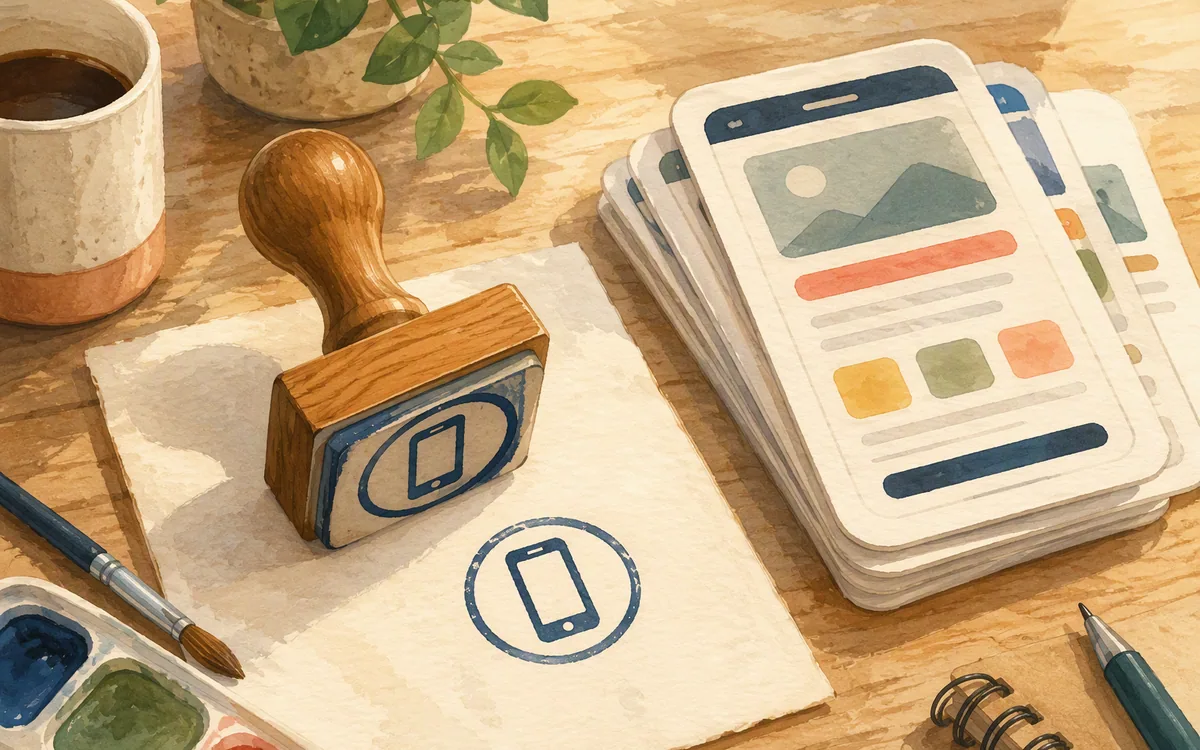 Wooden stamp pressing a phone icon mark onto paper beside stacked screens