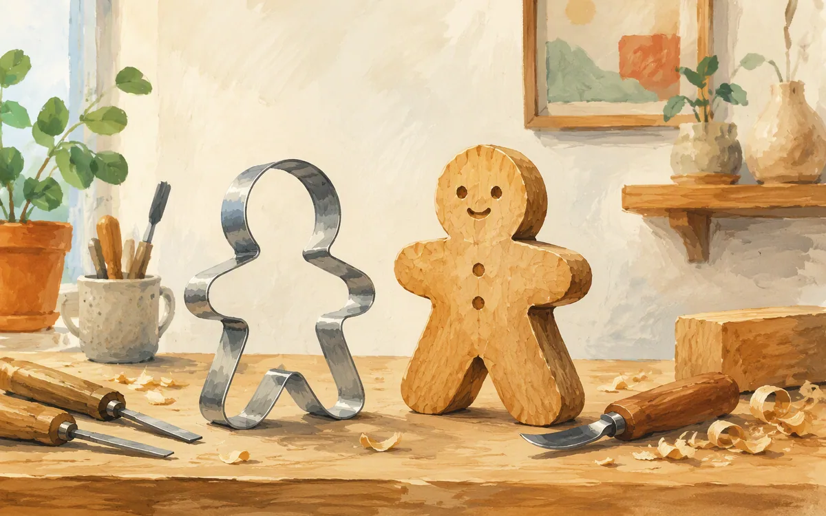 A cookie-cutter beside a hand-carved wooden figure