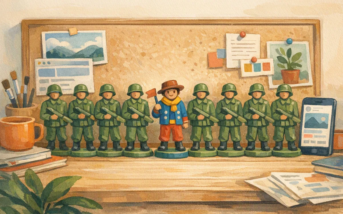 A row of identical toy figures with one painted differently