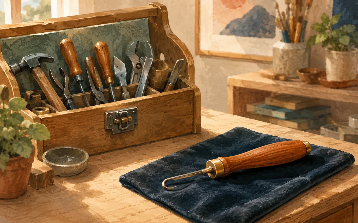 A toolbox of generic tools beside one custom tool on velvet