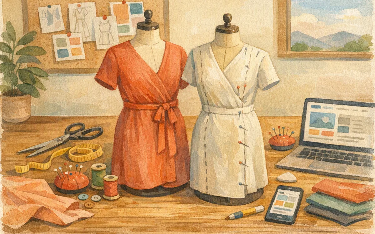 A dress form wearing a stock garment next to one being tailored by hand