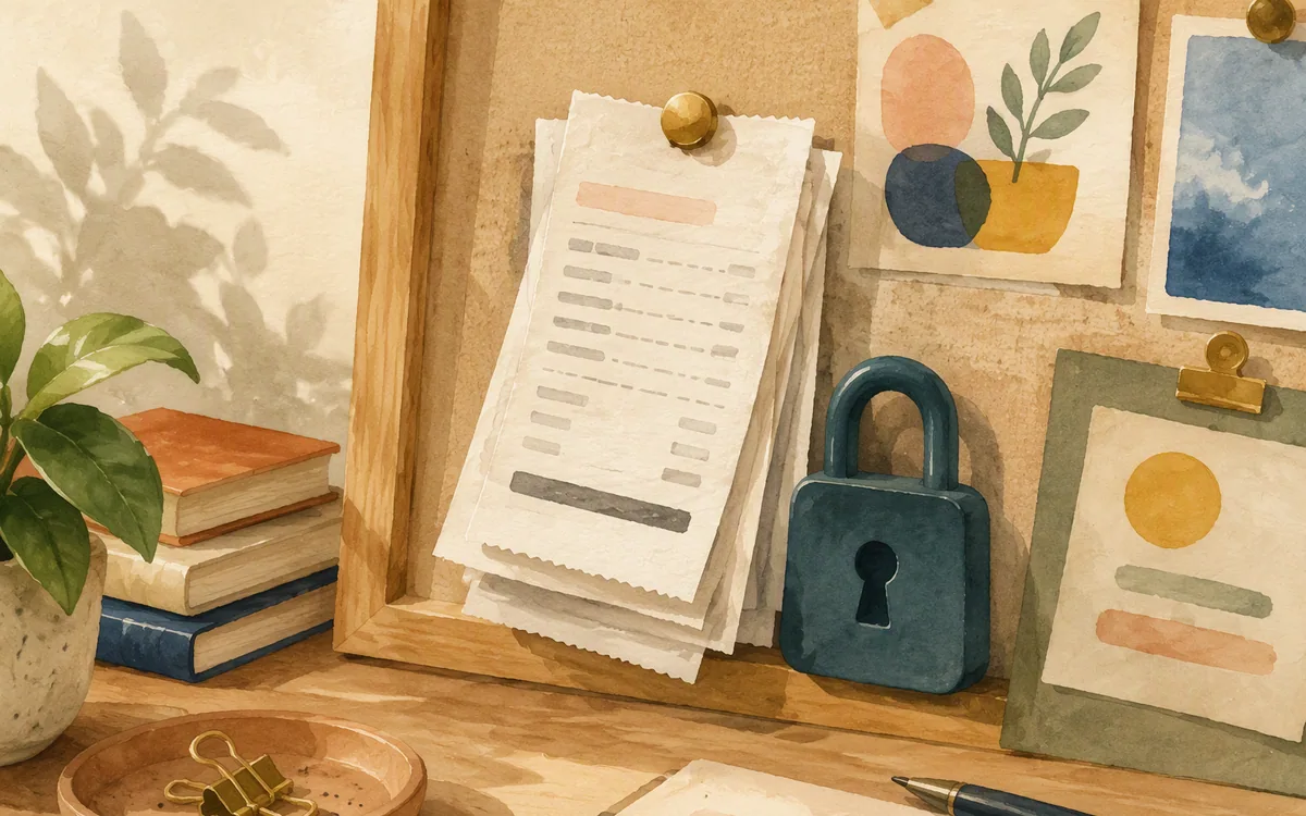 A stack of receipts beside a small padlock object on a desk