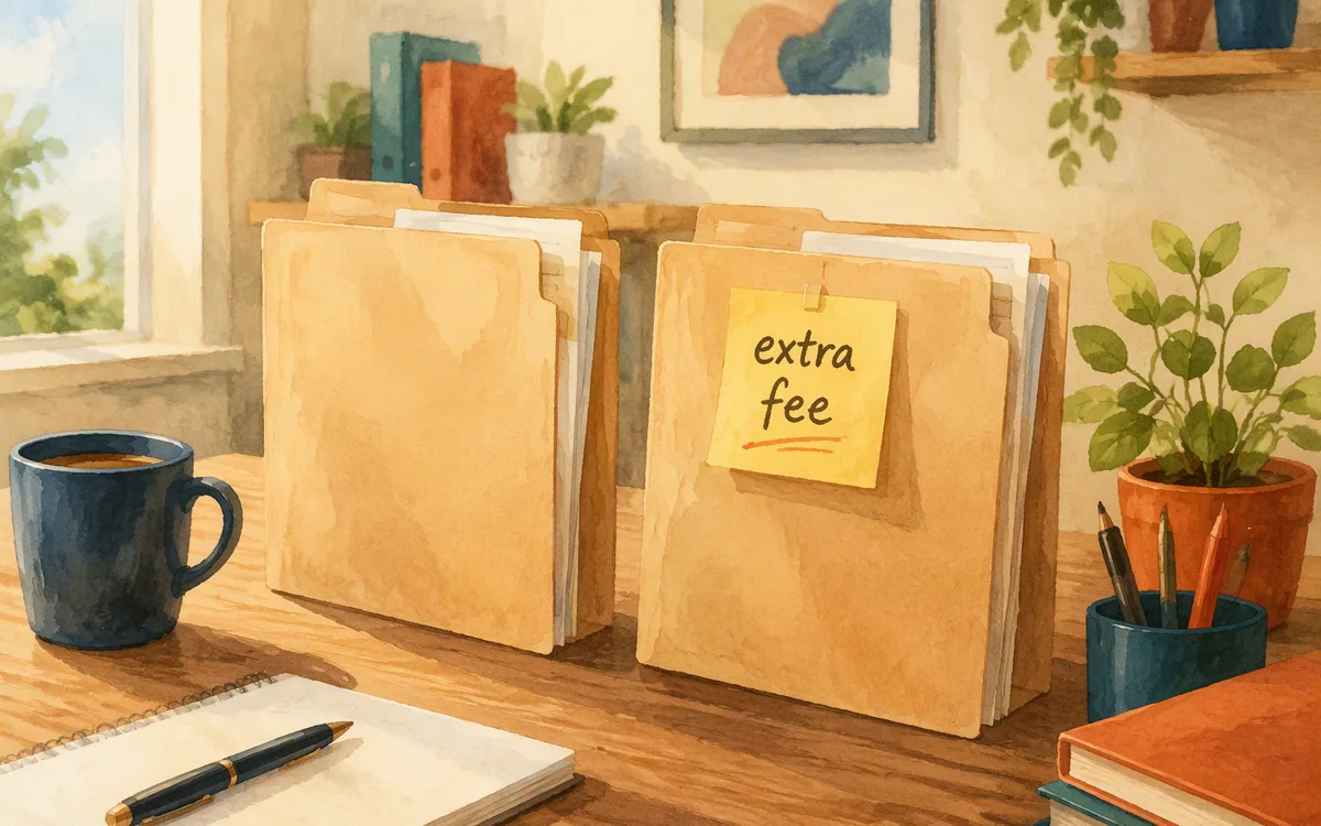 Two folders on a desk, one with an extra fee sticky note