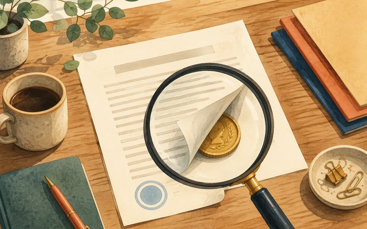 A magnifying glass over a folded contract page with a hidden coin
