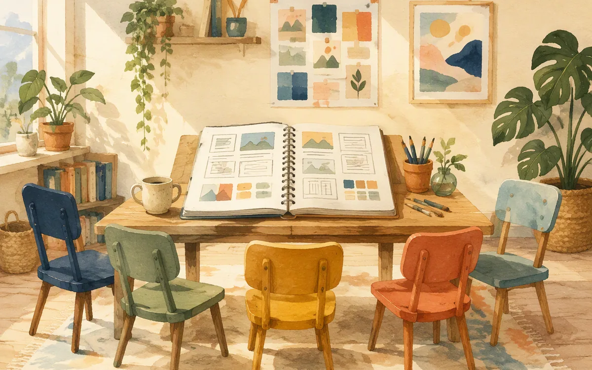 Five chairs around one shared drafting table with a sketchbook