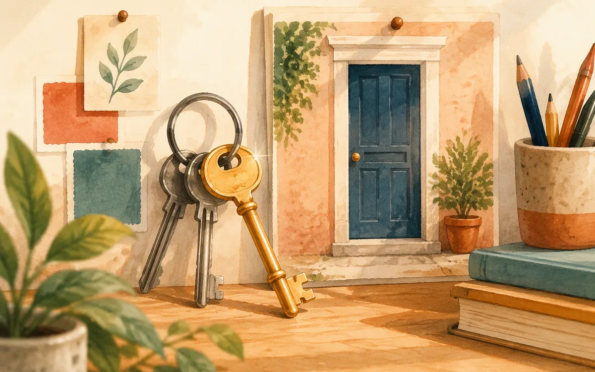 A ring of keys beside a door with one key set apart