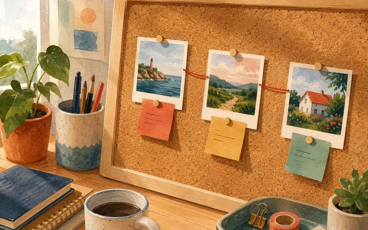 Sticky notes connecting three photos on a corkboard